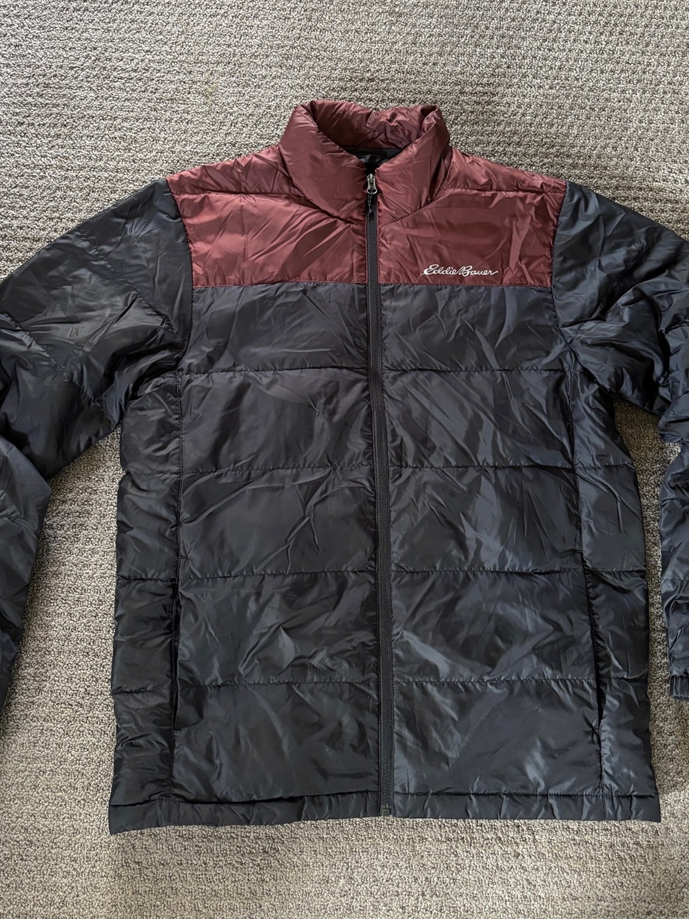 Eddie Bauer Black and Burgundy Men's Packable Puffer Jacket Medium